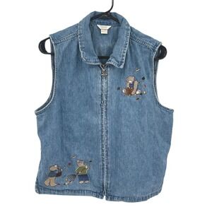 Vintage Embroidered Teddy Bear Denim Vest L Blue Cottagecore Whimsical Zip Up
